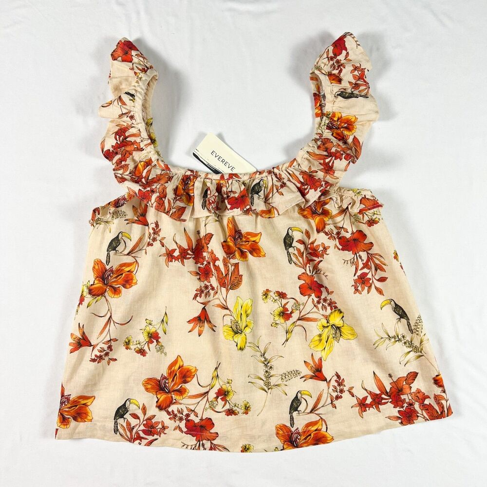 NWT‎ Evereve Char Floral Flutter Tank S Linen Ruffle Butter Yellow Feminine Boho - Picture 3 of 8